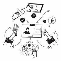 Clean Flat design as Sales team collaborating in a virtual meeting concept as A illustration of a sales team collaborating in a virtual meeting using conferencing tools with Set 4 vector
