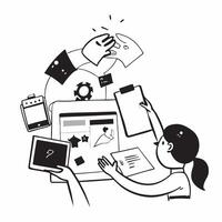 Clean Flat design as Product team collaborating on new features concept as A icon illustration of a product team collaborating on new features using laptops and digital tools with an 8 Set 2 vector