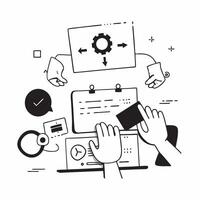 Clean Flat design as Product team collaborating on new features concept as A illustration of a product team collaborating on new features using laptops and digital tools with an 8 vector