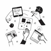 Clean Flat design as Marketing team collaborating on a product launch concept as A illustration of a marketing team collaborating on a product launch using digital tools and chart Set 6 vector