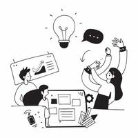 Clean Flat design as Marketing team brainstorming in a creative workspace concept as A illustration of a marketing team brainstorming in a creative workspace using laptops and tab Set 2 vector