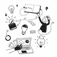 Clean Flat design as Marketing team brainstorming in a creative workspace concept as A illustration of a marketing team brainstorming in a creative workspace using laptops and tab vector