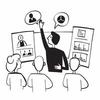 Clean Flat design as Manager leading a team meeting with presentation slides concept as A illustration of a manager leading a team meeting with presentation slides featuring a 3 c vector