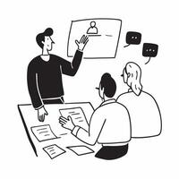 Clean Flat design as Manager conducting a team meeting with visual aids concept as A illustration of a manager conducting a team meeting with visual aids featuring a 3 color schem vector