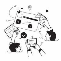 Clean Flat design as Design team collaborating on a new product concept as A icon illustration of a design team collaborating on a new product using digital tools and creative software vector