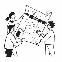 Clean Flat design as Colleagues reviewing project timelines in a team meeting concept as A icon illustration of colleagues reviewing project timelines in a team meeting featuring a 3 c vector