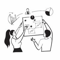 Clean Flat design as Business team planning next quarters strategy in a meeting concept as A icon illustration of a business team planning next quarters strategy in a meeting using a 3 vector