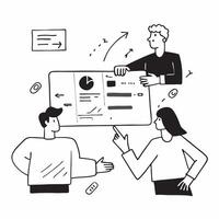 Clean Flat design as Business team analyzing data in a meeting room concept as A icon illustration of a business team analyzing data in a meeting room using a 3 color scheme to highlig vector