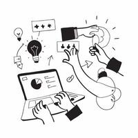 Clean Flat design as Business team collaborating in a modern office using digital tools concept as A icon illustration of a business team in a modern office collaborating using digital Set 7 vector