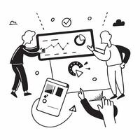 Clean Financial team collaborating on budget planning concept as A icon illustration of a financial team collaborating on budget planning using charts and digital tools with an 8 color vector