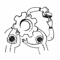 Clean Figures assembling a gear symbolizing problem solving and teamwork with ample space for text concept as Figures working together to assemble a gear representing problem solving an vector