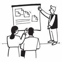 Clean Executives reviewing company performance in a board meeting concept as A icon illustration of executives reviewing company performance in a board meeting using a 3 color palette vector