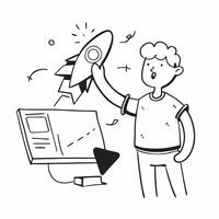 Clean Entrepreneur with a rocket and a laptop indicating startup success and innovation with room for text concept as An entrepreneur holding a small rocket model and a laptop symbolizi vector