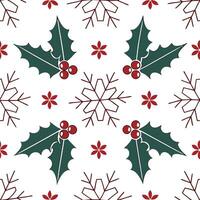 Clean Elegant snowflake and holly leaf seamless tile pattern with rich red and green tones concept as Rich red holly leaves and elegant snowflakes create seamless tile pattern with festi vector