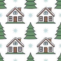 Clean Elegant snow covered cottages and pine trees seamless tile pattern with winter charm concept as Snow covered cottages and pine trees create elegant seamless tile pattern with winte vector