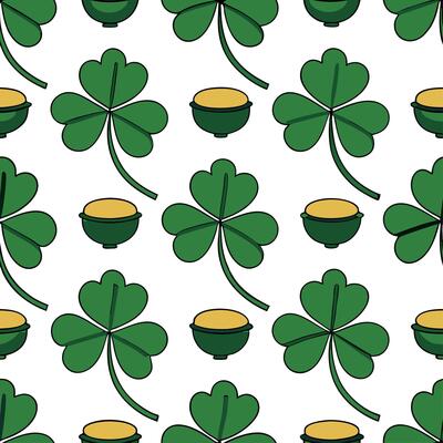 Clean Elegant Irish clovers and pots of gold seamless tile pattern with rich green and gold accents concept as Rich green and gold accents highlight elegant Irish clovers intertwined wit
