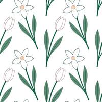 Clean Elegant Easter orchids and tulips seamless tile pattern with rich spring hues concept as Rich spring hues highlight elegant Easter orchids and tulips in seamless tile pattern in P vector
