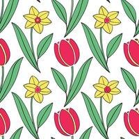 Clean Elegant Easter orchids and tulips seamless tile pattern with rich spring hues concept as Rich spring hues highlight elegant Easter orchids and tulips in seamless tile pattern in P Set 2 vector