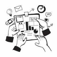 Clean Cross functional team collaborating on a project concept as A illustration of a cross functional team collaborating on a project using digital tools and charts with an 8 col vector