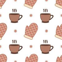 Clean Cozy winter mittens and hot cocoa seamless tile pattern with warm textures and festive vibes concept as Warm textured mittens and steaming hot cocoa cups create cozy seamless tile vector
