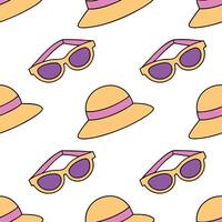 Clean Cool summer seamless tile pattern with sunglasses and beach hats for stylish vacation spots concept as Sunglasses and beach hats in a seamless pattern for a stylish and fashionable vector