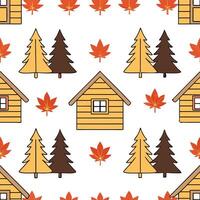 Clean Cozy autumn cabin silhouette seamless tile pattern with pine trees and colorful leaves concept as Pine trees and colorful leaves create a cozy autumn cabin silhouette seamless tile vector
