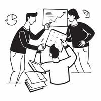 Clean Colleagues in a brainstorming session in a creative office concept as A illustration of colleagues in a brainstorming session in a creative office using a 3 color palette to vector