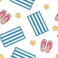 Clean Classic summer seamless pattern with striped beach towels and flip flops for relaxed beach vibes concept as Striped beach towels and flip flops arranged in a seamless pattern for c vector