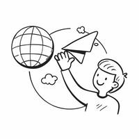 Clean Child with a paper airplane and a globe symbolizing dreams of global travel with ample space for text concept as A child holding a paper airplane and a globe representing dreams o vector