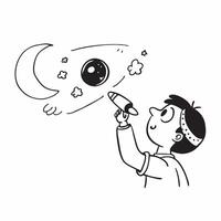 Clean Child with a toy rocket and a moon poster symbolizing dreams of space adventure with ample space for text concept as A child holding a toy rocket and looking at a moon poster repr vector