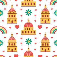 Clean Charming local landmarks and traditional symbols seamless tile pattern with vibrant colors concept as Vibrant colors highlight charming local landmarks and traditional symbols in s vector