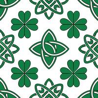 Clean Charming shamrocks and Celtic knots seamless tile pattern with rich green accents concept as Rich green accents highlight charming shamrocks intertwined with Celtic knots in seamle vector
