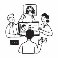 Clean Business team having a conference meeting concept as A illustration of a business team having a conference meeting using a 3 color scheme to highlight remote col vector