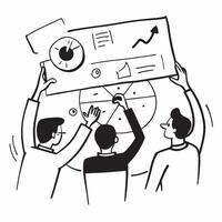 Clean Business team evaluating risks in a strategic planning meeting concept as A illustration of a business team evaluating risks in a strategic planning meeting using a 3 color vector