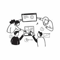 Clean Business team collaborating on a customer engagement strategy concept as A illustration of a business team collaborating on a customer engagement strategy using laptops and vector