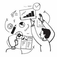 Clean Business partners working on a project concept as A illustration of business partners working on a project together using charts and graphs with an 8 color palette to highli vector