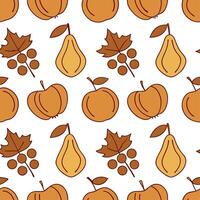 Clean Autumn harvest fruits seamless tile pattern with apples pears and grapes in warm tones concept as Apples pears and grapes in warm tones create an autumn harvest fruits seamless til vector