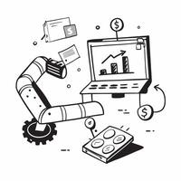 Clean Automated conveyor system and a financial dashboard symbolizing cost efficient automation in double exposure with copy space concept as An automated conveyor system blended with a vector