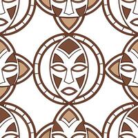 Clean African tribal masks and geometric patterns seamless tile pattern with earthy tones concept as Earthy tones highlight African tribal masks intertwined with geometric patterns in se vector
