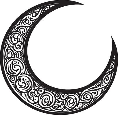 Black illustration of a crescent moon shape and Eid Mubarak concept outline