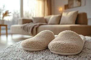 Comfortable home slippers resting on soft carpet in cozy living room photo
