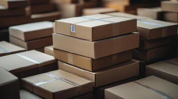 Cardboard boxes stacked in distribution warehouse symbolizing logistics and e-commerce photo