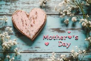 Pink heart and white flowers framing mother's day greeting on rustic blue wood photo