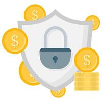 financial security, shield with padlock and coins vector