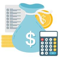 cost savings, money bag with calculator and financial report vector