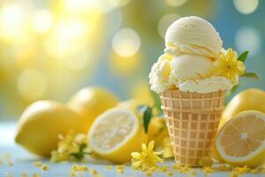Lemon ice cream scoops with yellow flowers in waffle cone and fresh lemons on blue table photo