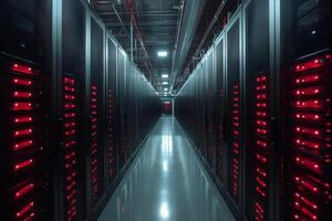 Server racks emitting red light illuminating modern data center corridor photo