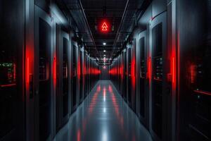Server Room with Red Lights Flashing, Modern Data Center Infrastructure photo