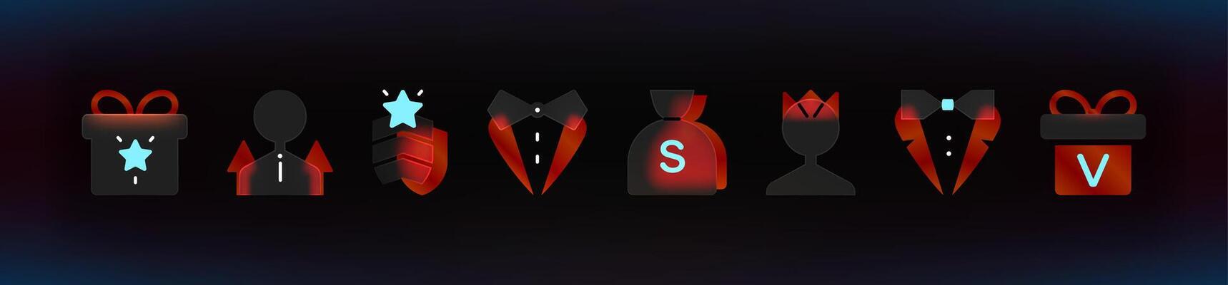 Red Game Rewards and Status Icons on the dark background .Glassmorphism UI red icons set. Blurry VIP icons.