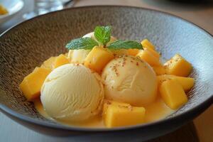 Delicious mango ice cream with fresh mango slices and mint leaves in a bowl photo